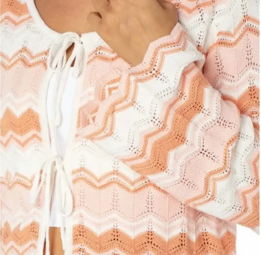Celebrity Pink Peach and Cream Chevron Knit Tie-Front Crochet Cardigan
